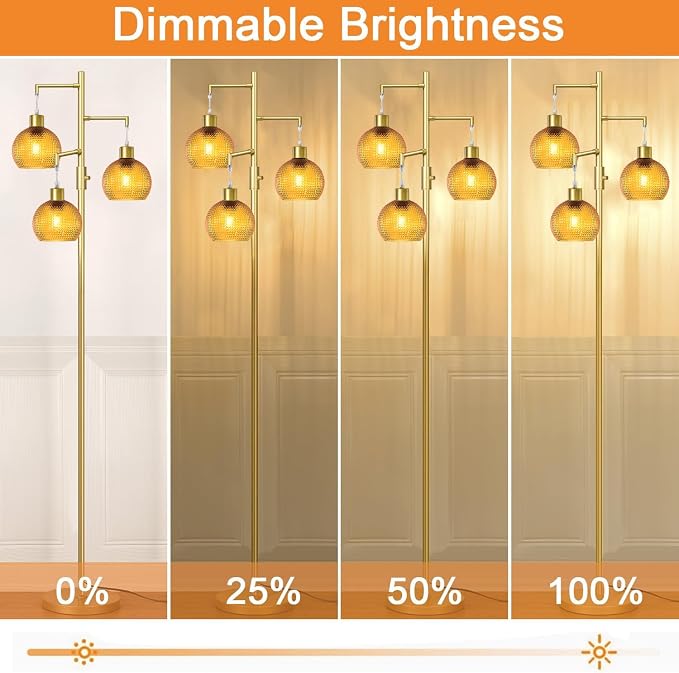 Modern Floor Lamp for Living Room, Mid Century Standing Tree Lamps with Orange Glass Shade, Dimmable 3 Lights Tall Lamp, 3 x 600LM LED Edison Bulbs Included