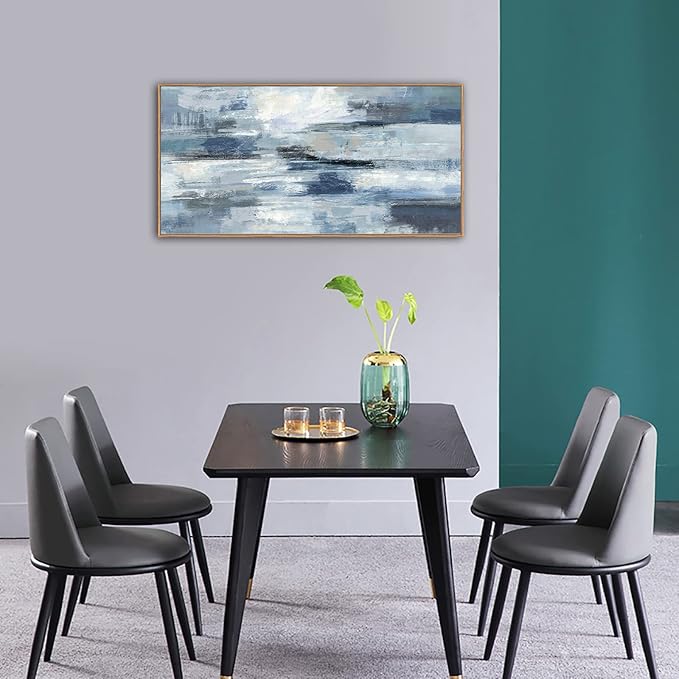 Indigo Framed Wall Art Abstract Ocean Canvas Pictures Blue White Grey Painting Vintage Wall Decor Modern Artwork Prints for Living Room Bedroom Bathroom Office Home Decoration 20"x 40"