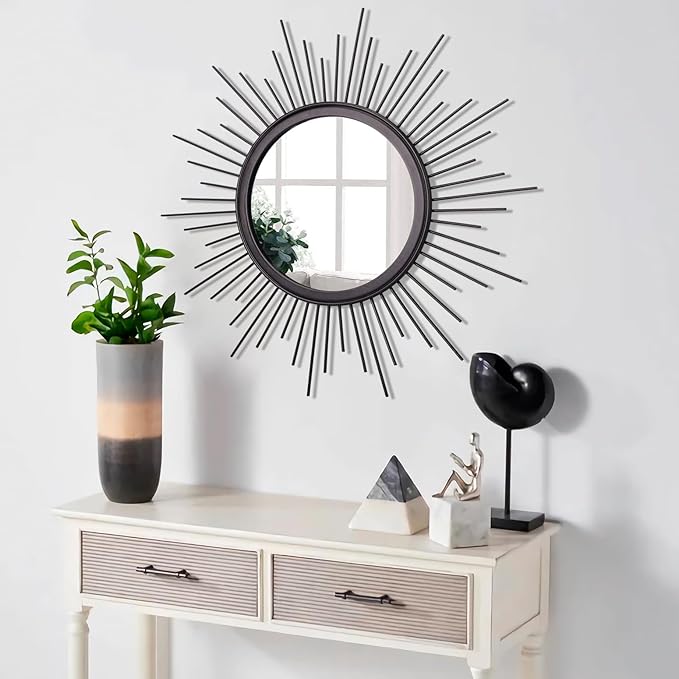 Large Sunburst Wall Mirror Boho Home Decor Round Wall Art Mirror Modern Metal Hanging Mirror Bathroom Bedroom Hallway Balcony Vanity Living Room Entryway Black 20"