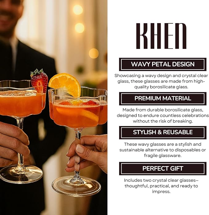 Khen Vintage Wavy Glass Coupes Martini, Champagne & Cocktail Coupes - Set of 2-7oz Colorful Cocktail Glasses & Champagne, Prosecco, Mimosa Glassware Copyright Design - Crystal Clear