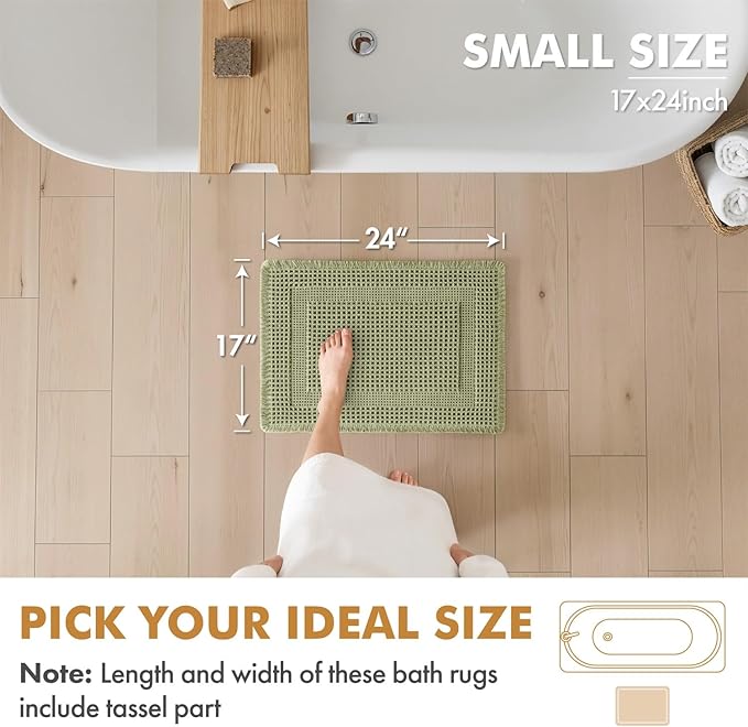 MIULEE Set of 2 Waffle Bathroom Rugs, Boho Bath Rug Super Absorbent, Non Slip Washable Ultra Soft Rubber Backed Shower Bath Mats for Floor, Tub, Shower, Looped Design, Sage Green, 17x24 Inch
