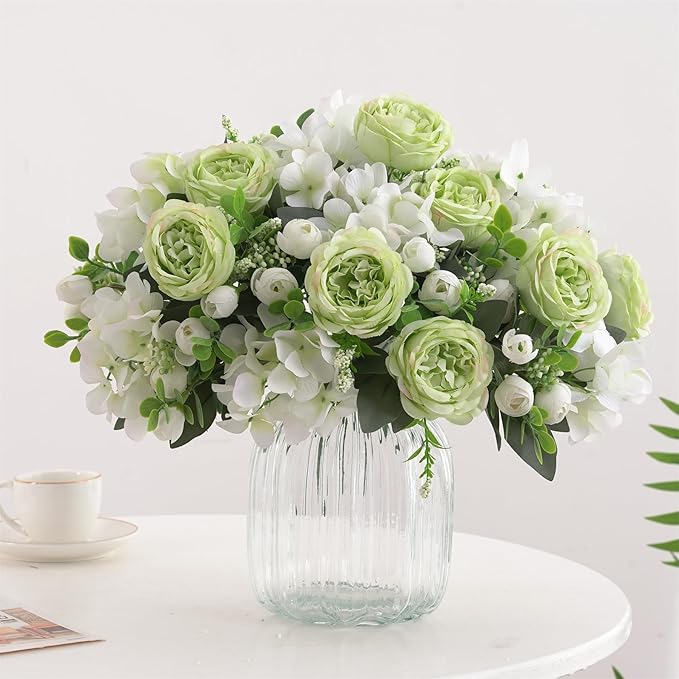 2 Bunches Green Peony Artificial Flowers for Decoration Faux Rose Fake Bouquet Silk Arrangements Table Centerpiece for Vase Cake Topper Bridal Baby Shower (2, Green White)
