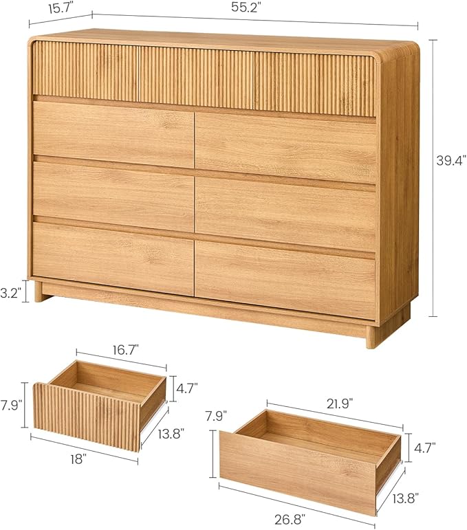 AOGLLATI Modern Wood 9 Drawer Dresser for Bedroom, 55" Long Fluted Double Dressers & Chests of Drawers with Curved Profile Design for Bedroom,Wood