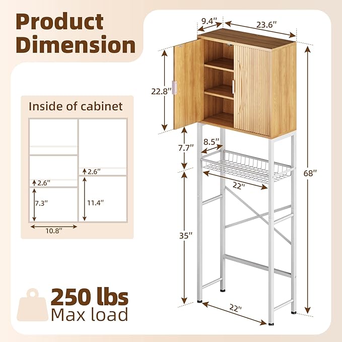 Kalrin Over The Toilet Storage Cabinet with Fluted Wave Doors and Adjustable Shelf, Wood Over Toilet Storage Rack with Drain Basket, Freestanding Bathroom Organizer for Balcony Laundry, Wood & White