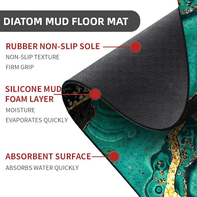 Diatomaceous Earth Bath Mat,Black and Green Gold Marble Non-Slip Volume Super Absorbent Fast Drying for Bathroom Kitchen Door mat,Eco-Friendly Easy to Clean 16×24Inch (40 * 60cm)