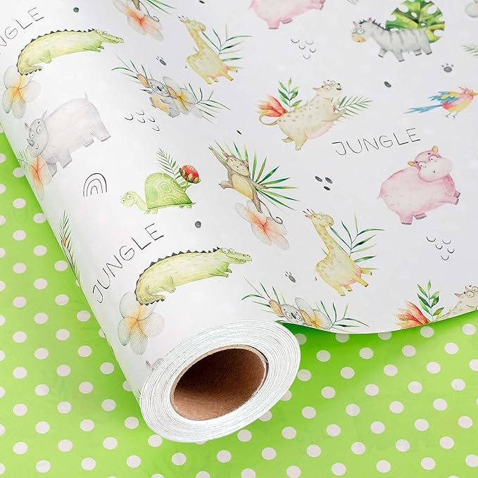 Burymento Animal Wrapping Paper, Reversible Dot Design Gift Wrap for Baby Shower, Birthday, Valentines, Mothers day, Graduation, Wedding, Fathers day, Christmas (17 Inch X 32.8 Feet)
