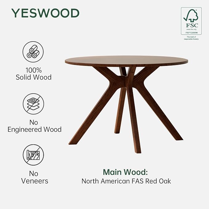 YESWOOD 43.3’’ Round Dining Table for 4, Solid Wood Oak Kitchen Table with Intersecting Pedestal Base, Farmhouse Wooden Kitchen Table, Circle Dinner Table for Dining Room, Living Room, Office, Walnut