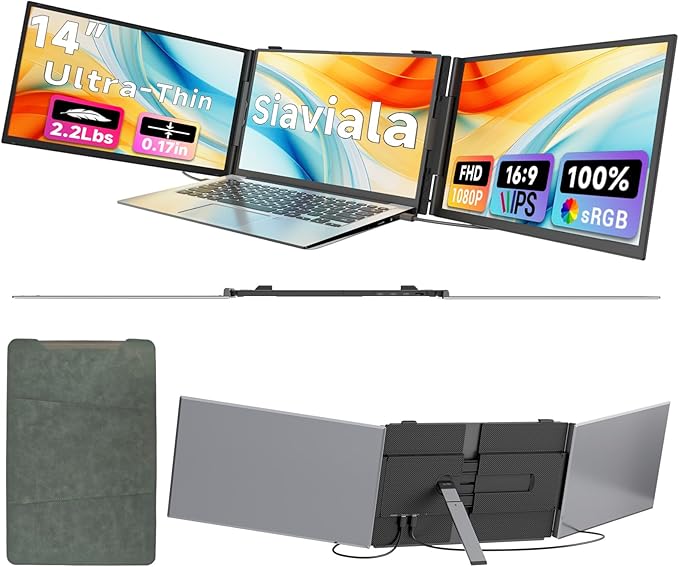 siaviala Laptop Screen Extender 0.17" Ultra-Thin, 14" 1080P FHD IPS Portable Monitor, Triple Screen Laptop Monitor Extender for 13"-17" Laptops, Plug & Play for Mac/Android/Chrome