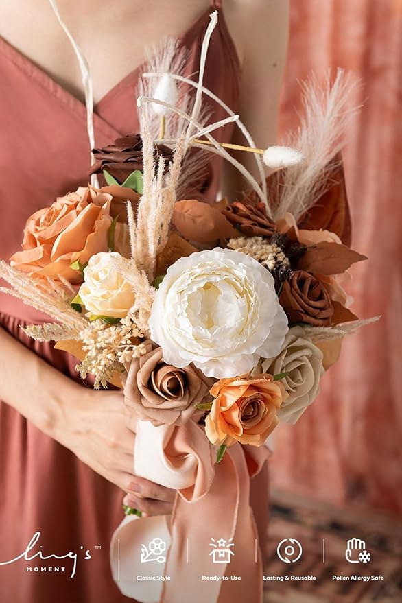 Ling's moment Artificial Flowers Boho Bridesmaid Bouquet, Terracotta Wedding Flower Bouquets for Bridesmaids, 7 Inch Bridal Bouquets for Bridesmaids, Wedding Decor, Ceremony, Anniversary, etc.