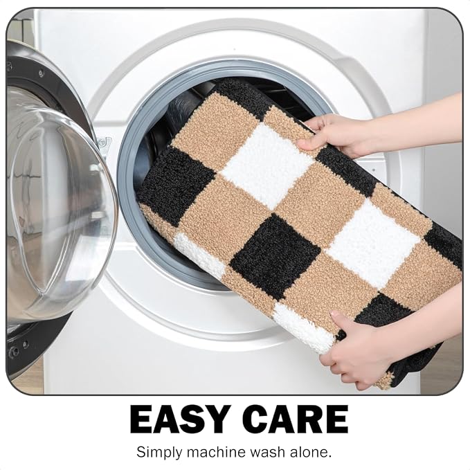 U Shape Checkered Bath Mat - Super Absorbent, Soft and Thick, Rubber Backing Non-Slip, Machine Washable Shower Rug, Bath Mat, Bathroom Home Decor Accessories, 20"x22" (50x55cm), Brown