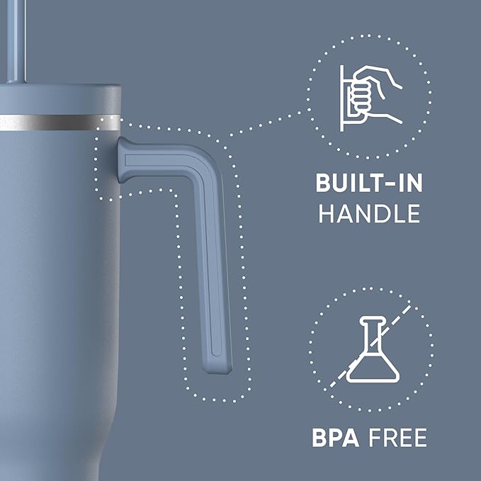 Hydrapeak Voyager 40 Oz Stainless Steel Tumbler with Handle, Insulated Water Bottle With Straw & Lid, Cupholder Friendly Reusable Travel Mug (Modern Blue)
