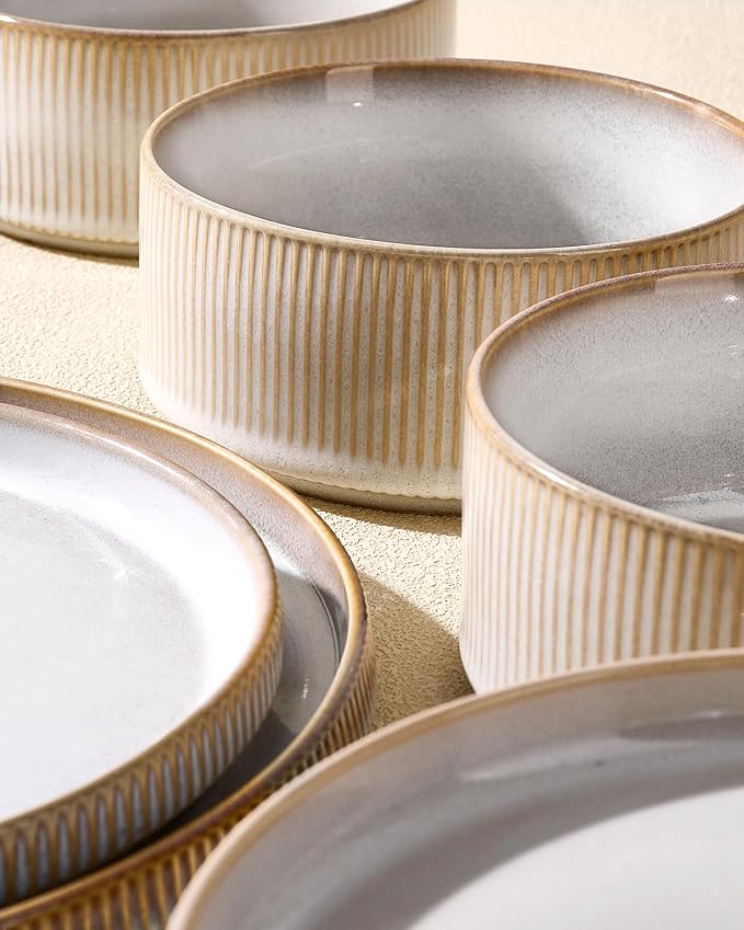 8-Piece Plates and Bowls Sets for 4, Cappuccino White | Handcrafted reactive glaze stoneware dinnerware. Chip & scratch resistant. Microwave & dishwasher safe. Everyday/formal use.