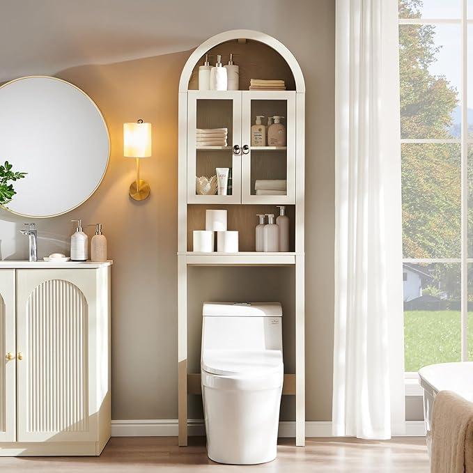 IFGET Arched Over The Toilet Storage Cabinet with Acrylic Doors, Modern Over Toilet Bathroom Organizer Shelf, Small Wooden Bathroom Storage Cabinet with Adjustable Shelf, Space Saver, Cream