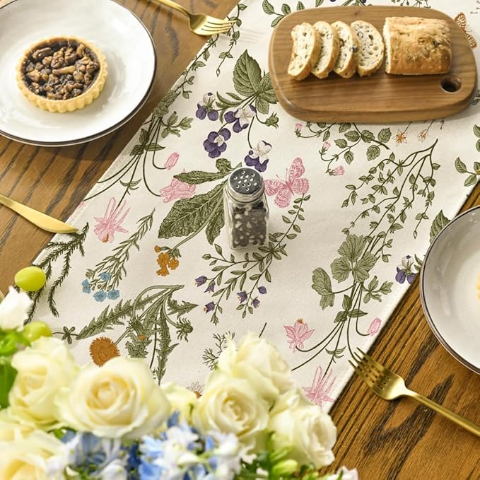 Artoid Mode Wildflowers Floral Spring Table Runner, Butterfly Seasonal Summer Kitchen Dining Table Decoration for Home Party Decor 13x120 Inch