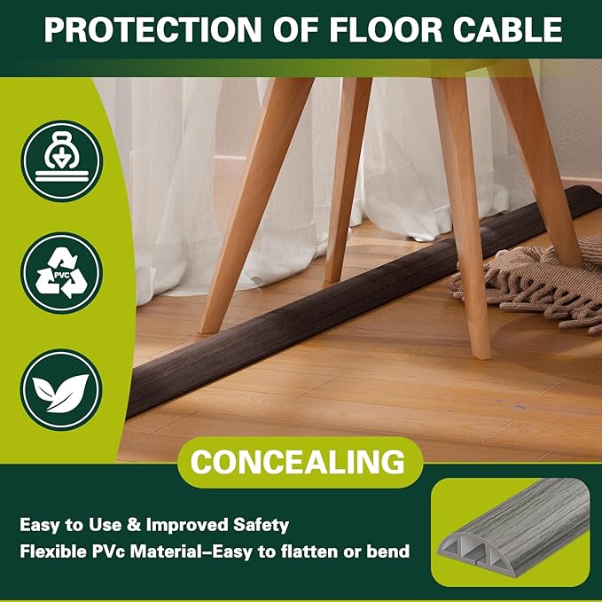 Floor Cord Cover Cable Cavity Self Adhesive Hider - Electric Cord Covers for Living Rooms, Offices - Cable Cover Protector (Black Wood, 1.18" x 10')