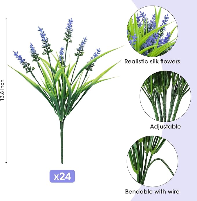 Ouddy Decor 24 Bundles Artificial Flowers for Outdoors, Fake Lavender Flowers Monkey Grass Faux Plastic Plants Shrubs UV Resistant for Porch Garden Window Box Office Home Decorations, Purple