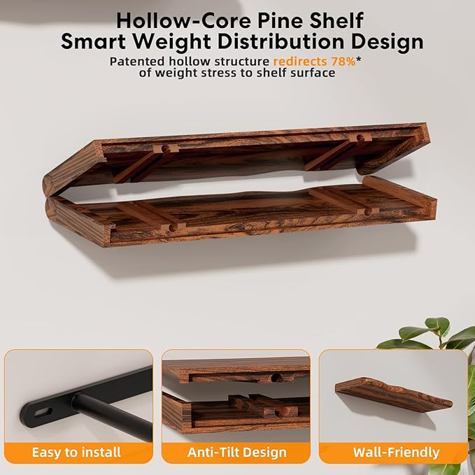 Solid Wood Live Edge Floating Shelves Set of 2 – 24" Rustic Wall Shelf with Hidden Bracket System, Wall Mounted Shelves for Bathroom, Kitchen, Living Room, Bedroom (Glazed Walnut)