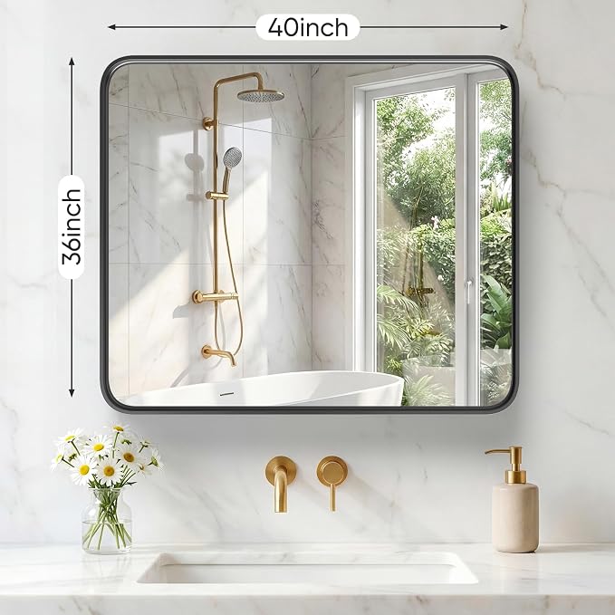 NEWBULIG 36X40 Inch Bathroom Mirror for Over Sink, Wall Vanity Mirrors Tempered Glass, Anti-Rust Metal Framed Rounded Rectangle, Hangs Horizontally or Vertically, Farmhouse Home Decor, Black
