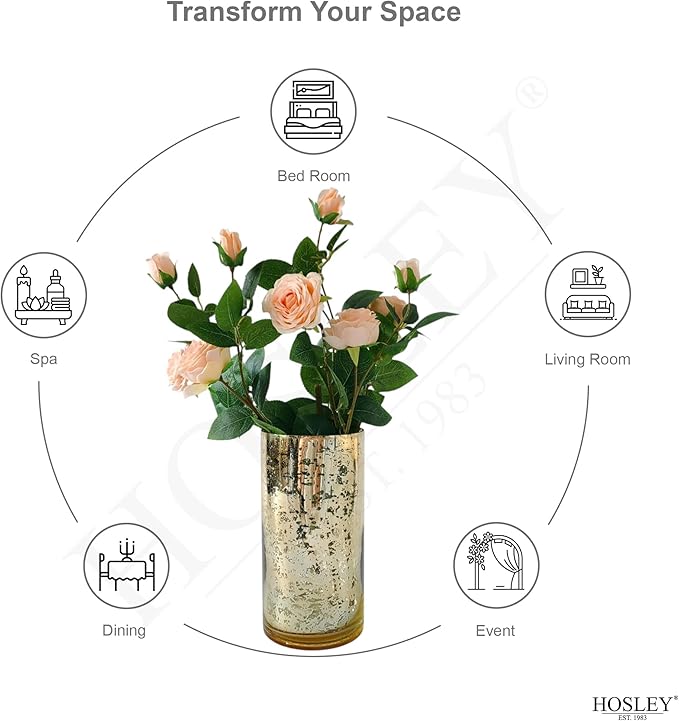 Hosley Set of 2 Mercury Gold Glass Vases – Elegant Flower Pots for Boho Decor, Wedding Gifts, Decorative Centerpieces, Hurricane Style Vase for Home, Events, and DIY Crafts