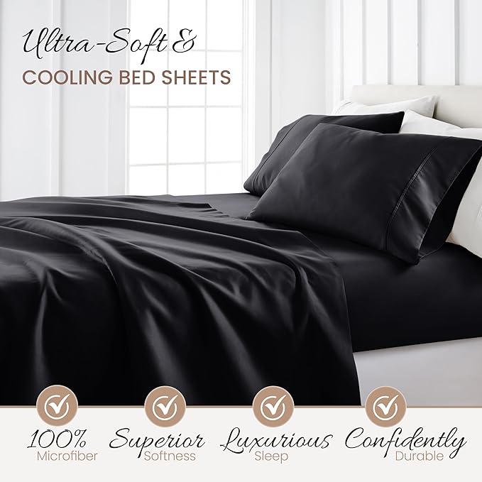 Linen Market Bed Sheets for California King Size Bed (Black) - Sleep Better Than Ever with These Soft and Cooling California King Sheets - Deep Pocket Fits 16" Thick Beds - 4 Piece Cal Sheet Set