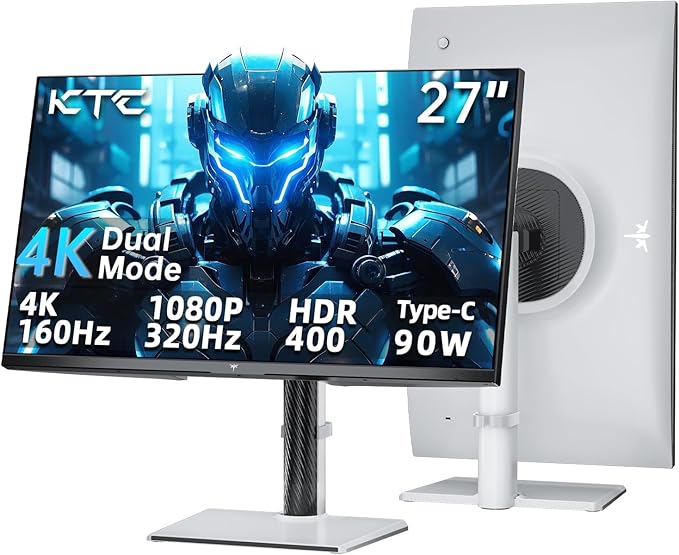 KTC 27 Inch Gaming Monitor 4K, Dual Mode UHD 160Hz & FHD 320Hz, PD 90W Type-C, HDR 400, Fast IPS, 125% sRGB, Adaptive Sync, HDMI 2.1&DP 1.4, Eye Care, Tilt/Swivel/Pivot/Height Adjustment, VESA, H27P6