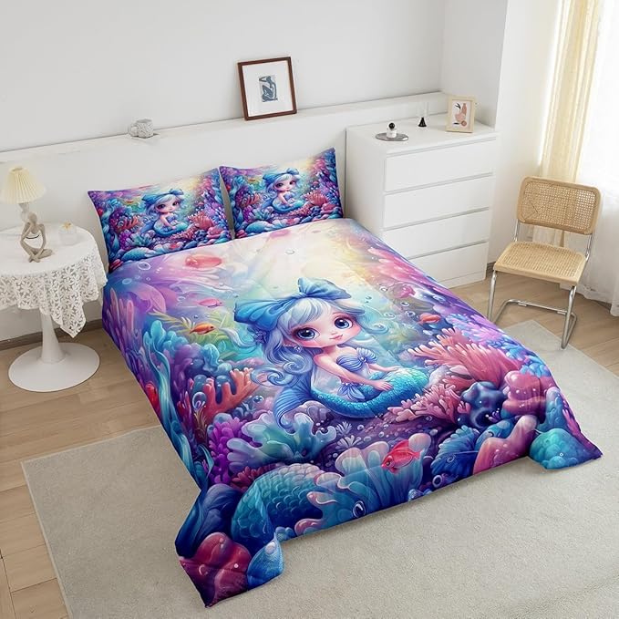 Cute Mermaid Comforter Set Queen Size,Beautiful Mermaid Fairy Tale Reversible Bedding Set for Women Adult,Watercolor Coral Cartoon Undersea World Luxury Bed Duvet Insert, 2 Pillowcases