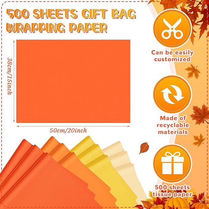 Qilery 500 Sheets Orange Yellow Tissue Paper Bulk for Gift Bags 15 x 20 Inch Acid Free Christmas Packaging Wrapping Paper Sheets for Party Decoration DIY Crafts, Bouquet, Party, Shipping