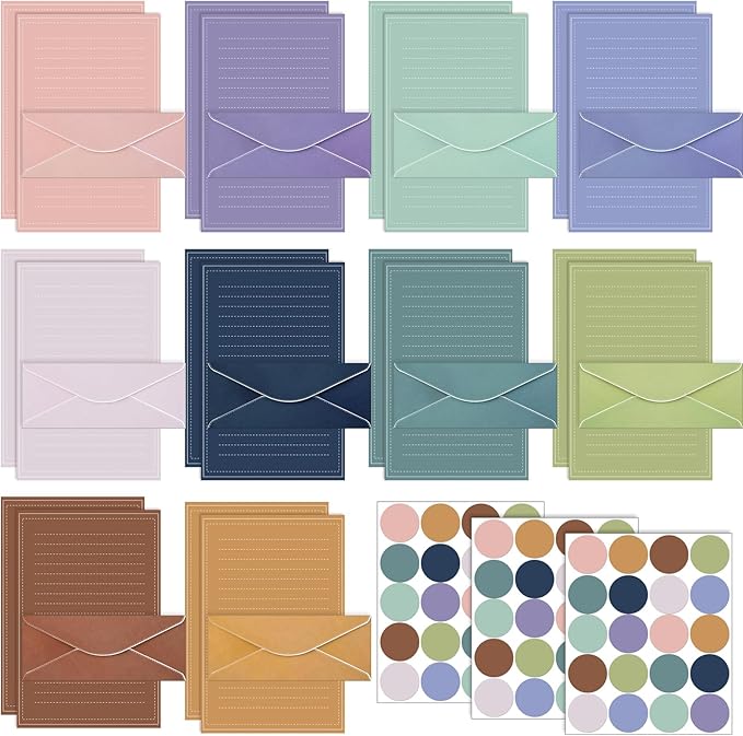 TaoBary 160 Packs Stationery Paper Set (50 Double Sided Stationery Writing Papers 50 Matching Envelopes) 60 Round Dot Sticker, 10 Design(11 x 8.5 Inch,Morandi Color)