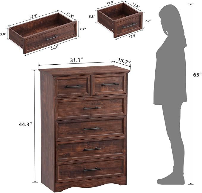 Walnut Dresser for Bedroom, Modern 6 Chest of Drawers, 44" Tall Dresser with Brushed Metal Handle, Wood Closet Organizers and Storage Cabinet for Bedroom, Living Room, Hallway