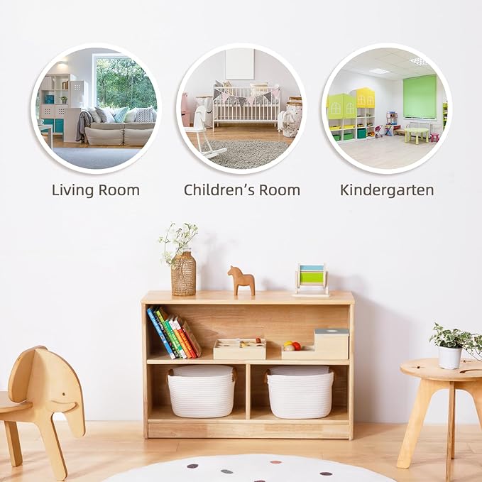 OOOK Rubber Wood 3-Compartment Wooden Storage Cabinet, 35.4" L, 2-Tier Toy Organizers and Storage, Montessori Shelf for Kids Room, Playroom, Nursery, Classroom, Kindergarten