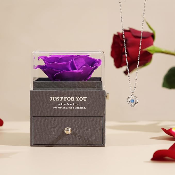 Romantic Rose Gifts for Her - Forever Preserved Rose with Silver Heart Pendant Necklace for Wife Girlfriend Mom | You Are My Sunshine Music Box for Women - Perfect on Valentines, Birthday, Anniversary