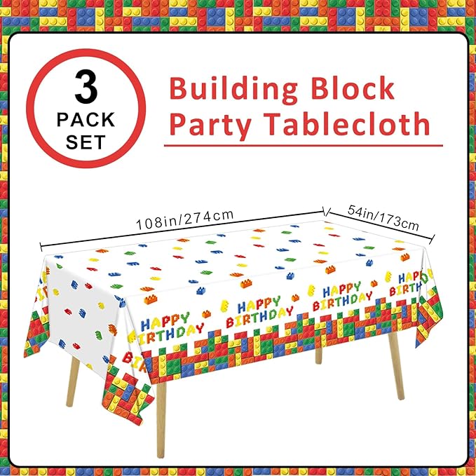 3 Pack Building Block Party Tablecloth Building Block Disposable Plastic Table Cover for Children Kids Blocks Birthday Party Supplies, 54 x 108 Inch