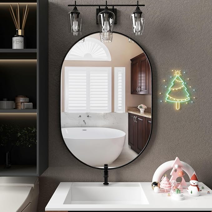 Oval Bathroom Mirror Capsule Wall Vanity Mirror, 24"x36" Pill Mirrors Wall Mounted Mirror, Large Modern Mirror with Black Metal Frame, Decor for Entryway, Bedroom, Living Room