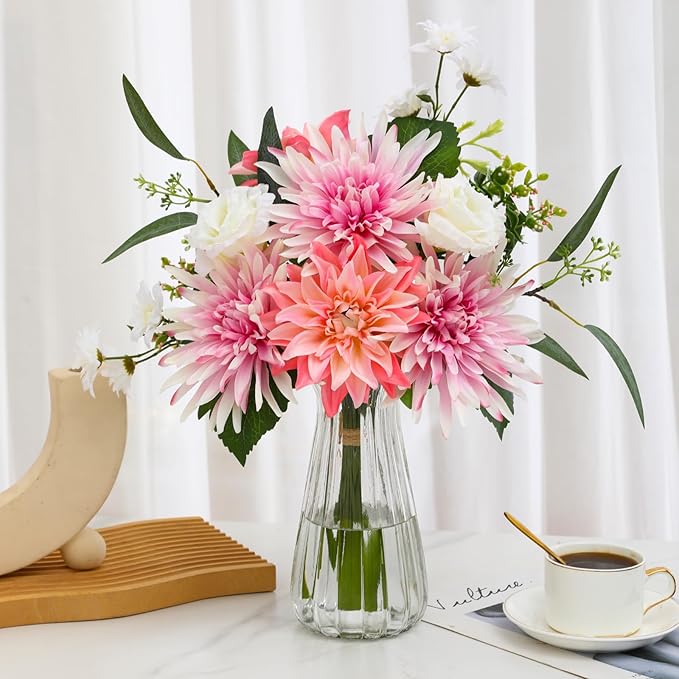 Artificial Flowers with Vase – Faux Silk Dahlia & White Roses Floral Arrangement, Elegant Fake Flower Bouquet for Wedding, Home Décor, Dining Table Centerpiece, Office, Farmhouse Decoration