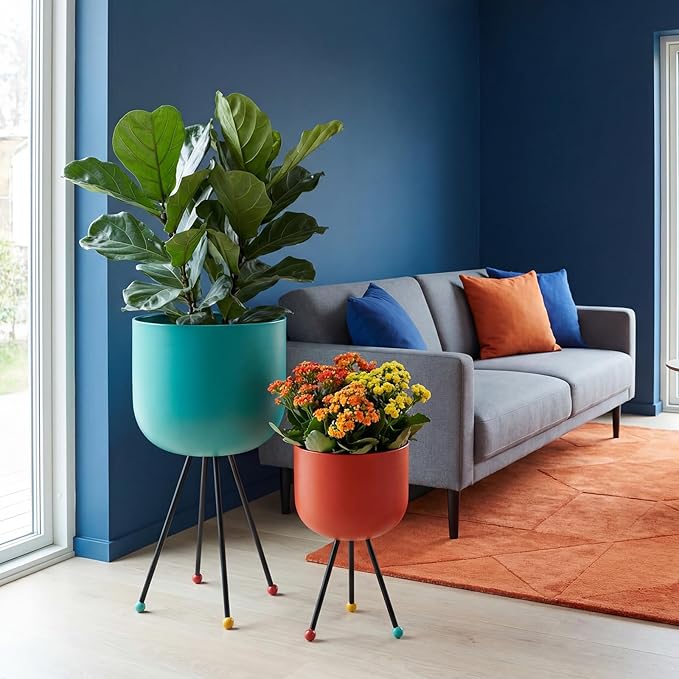 Frienda 2 Pack Mid Century Modern Decor Mid Century Modern Planter Metal Flowerpot with Stands Stylish Floor-Standing Flowerpot for Boho Home Office Indoor Outdoor Decor 20", 18" h(Orange, Blue)