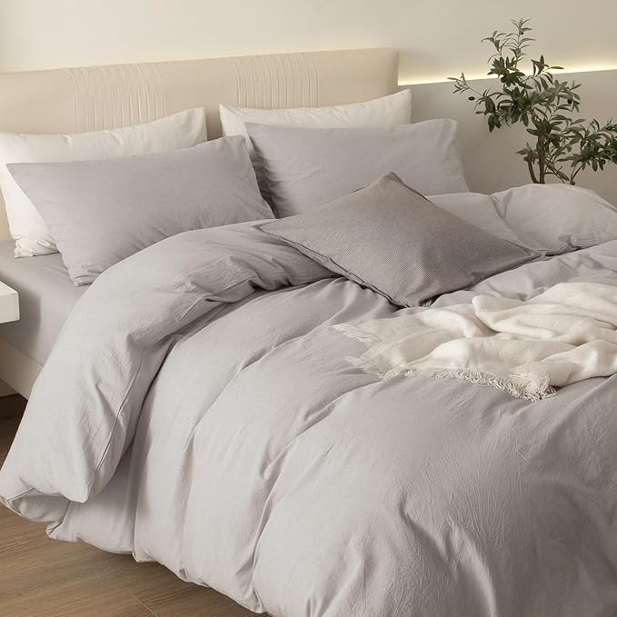 JIYUAN 100% Washed Cotton Duvet Cover Set 3 Pieces King, 1 Duvet Cover 104x90 Inches(Comforter Not Included) and 2 Pillowcases,Linen Feel Bedding Set Comfy and Breathable, Heathered Cream Grey