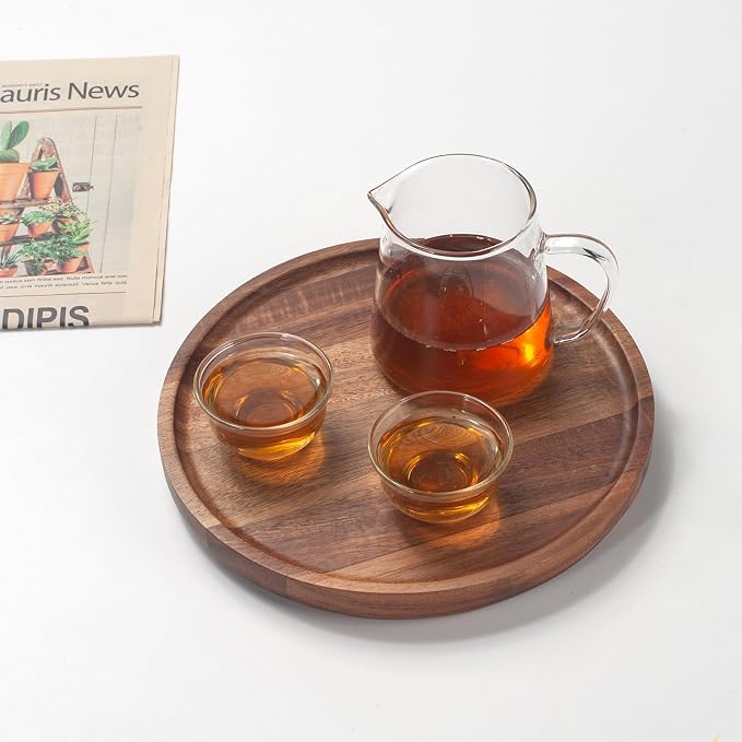 Round Wood Tray, Acacia Wooden Decorative Serving Tray for Coffee Table and Home Decor, Wooden Appetizer Charcuterie Board for Kitchen Countertop (7.9 inch)