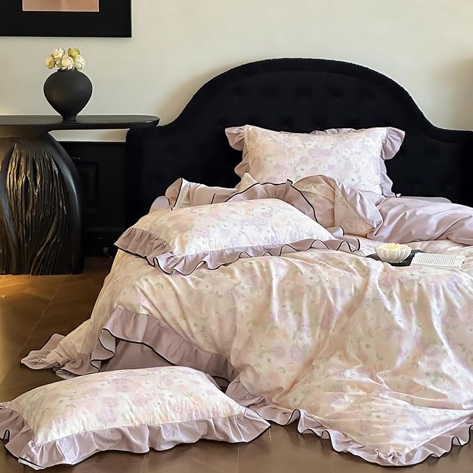 HighBuy Floral Ruffle Duvet Cover Queen Vintage Purple Floral Lace Ruffle Coquette Bedding Set Brushed Cotton Soft Breathable Durable Farmhouse Bedding Set with 4 Corner Ties,Queen