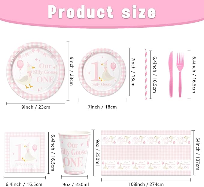141pcs Silly Goose Birthday Party Decoration Pink Bow Silly Goose Baby Shower Decor Funny Table Gift for girls 1st Birthday Baby Shower Plates Cups Napkins Forks Knives Straws,Suitable for 20 Guests
