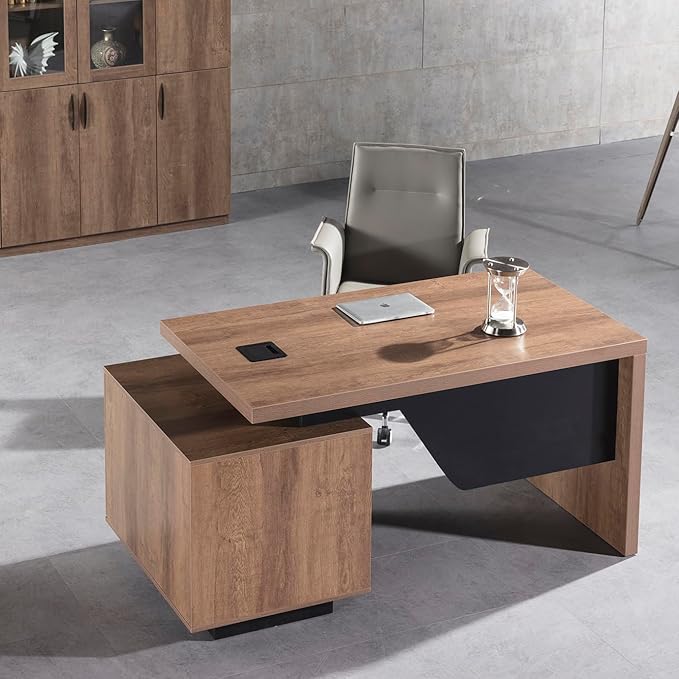 Modern Executive Desk, Rectangle Office Desk with Storage Cabinet, Width Adjustable Desks for Home Office, Business Desk Stand Under Table Storage Organizer, Wood