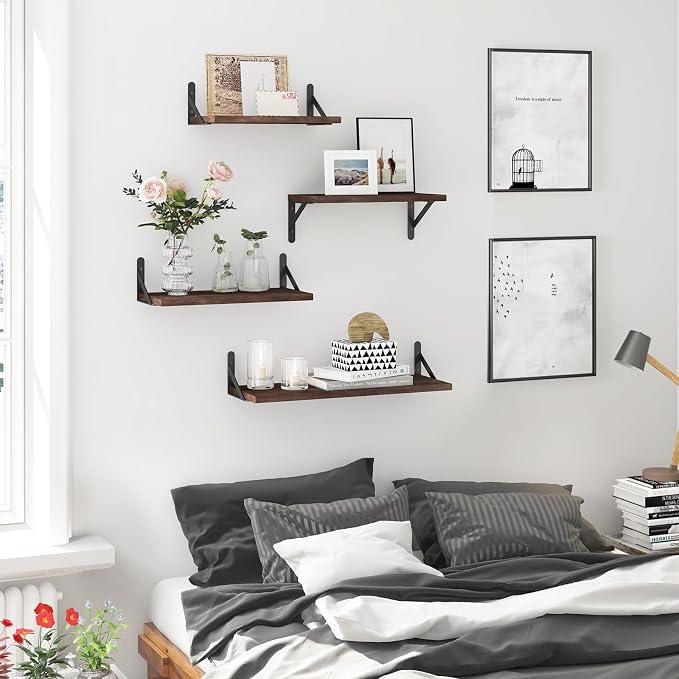 YGEOMER Floating Shelves for Wall, Different Sizes Walnut Wall Shelves for Living Room, Bathroom, Bedroom, Kitchen, Home Decor (Set of 4)
