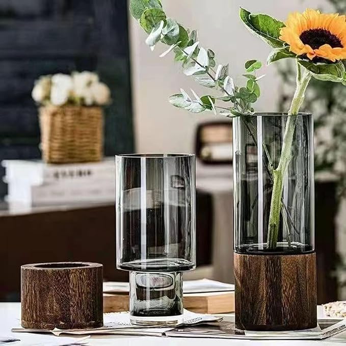 1 PC Simple Creative Wooden Glass Vase Dry Vase Hydroponic Wooden Base Cylindrical Flower Classic Boho Rustic Style for Decoration(Smoky Grey)