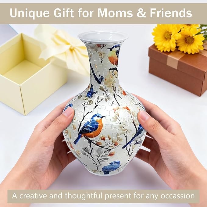 3D Puzzle Vase, 160 Curved Pieces DIY Flower Vase Craft Kit & 3D Puzzles for Adults, Creative Jigsaw Art Project Home Décor Centerpiece, for Women, Mom (White Birds & Blossoms)