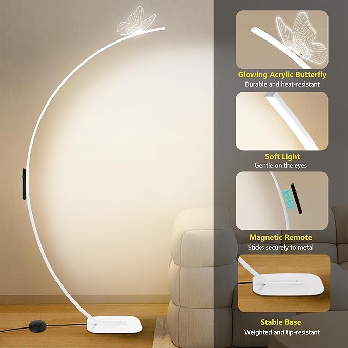 Arched Floor Lamp with Butterfly Design, Adjustable Brightness up to 2000 Lumens, Remote & Pedal Control, 3 Light Settings Standing Lamp for Living Room, Bedroom, Office (White)