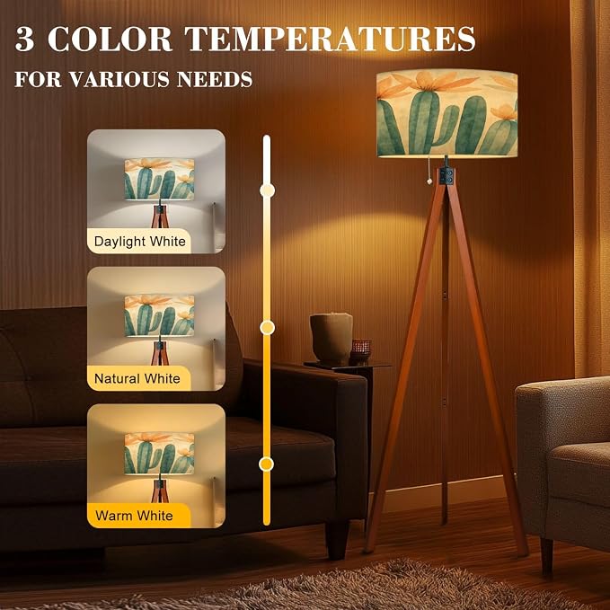 Wood Tripod Floor Lamp Green Succulents Floral Boho Plants Orange Flowers Foliage Botanical Mid Century Standing Lamp Linen Shade Dimmable Modern Tall lamp Home Decor for Living Room Bedroom Office