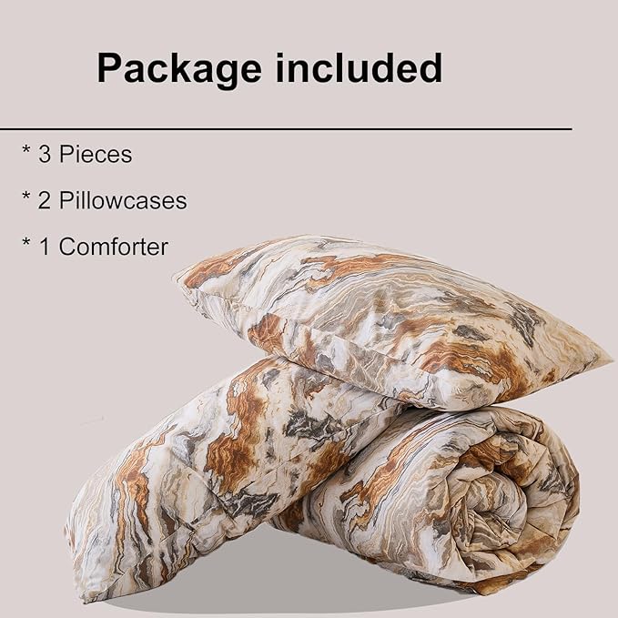 100% Cotton Comforter Set Queen Size 3 Pcs Taupe Marble Bedding Modern Simple Abstract Theme Soft Breathable