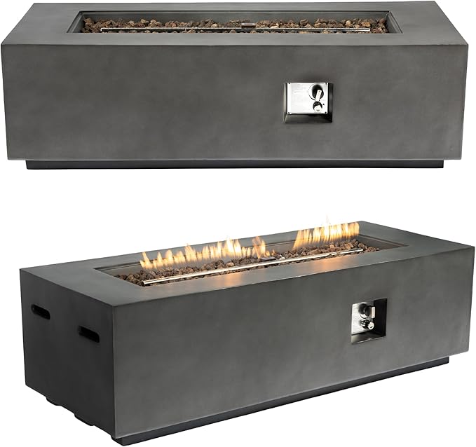 HillAethel 60-Inch Rectangular Propane Fire Pit Table, 60,000 BTU Concrete Outdoor Gas Fire Pit Table with Waterproof Cover, Tank Seat, Free Lava Rocks, for Outside Patio Backyard, Dark Grey
