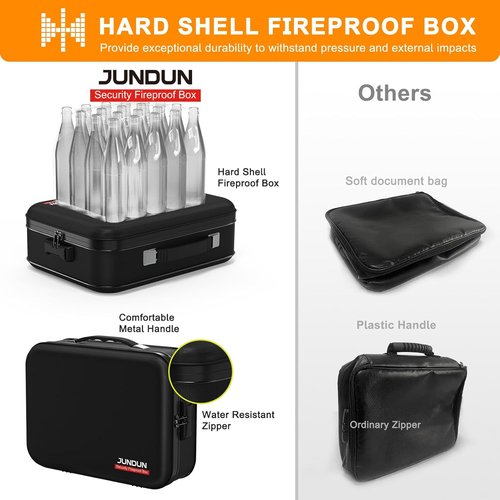 JUNDUN Fireproof Document Box - Portable Hard Case Organizer with Lock for Letter Size Files | Black