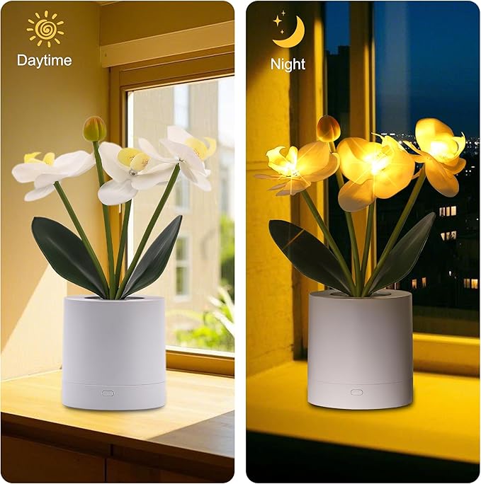 WSYEAR Flower Lamp Christmas Gifts for Her Women Wife Artificial Orchid Flower 3 Branches in White Pot, Realistic Fake Butterfly Orchid Bonsai for Living Room Decor