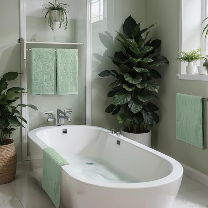 VitalCozy 4 Pcs Bathroom Hand Towels Set Light Green Wavy Striped Jacquard Towels 14x29 Inch 100% Cotton Soft Absorbent Decorative for Guest Bathroom Kitchen